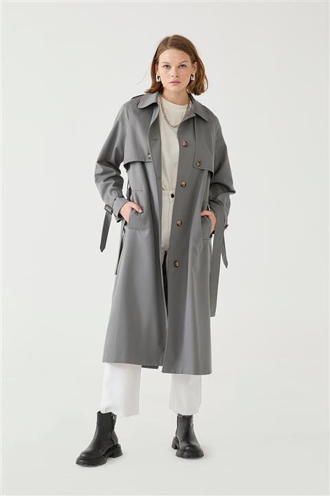Suud Collection Gri Rüzgarlıklı Uzun Pamuklu Trençkot