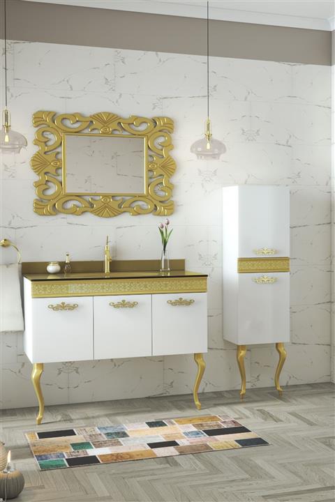 Alfa Banyo Gold Beyaz (100+35) 135 cm Boy Dolaplı Cam Lavabolu Lüx Banyo Takımı