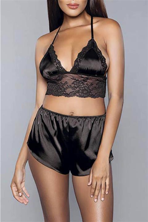 For Dreams Kadın Siyah Dantel Detaylı Saten Bralet Sütyen Şort Takımı 8308