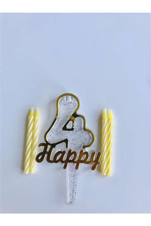 Parti Dünyası 4 Yaş Altın Renk Happy Yazılı Mum