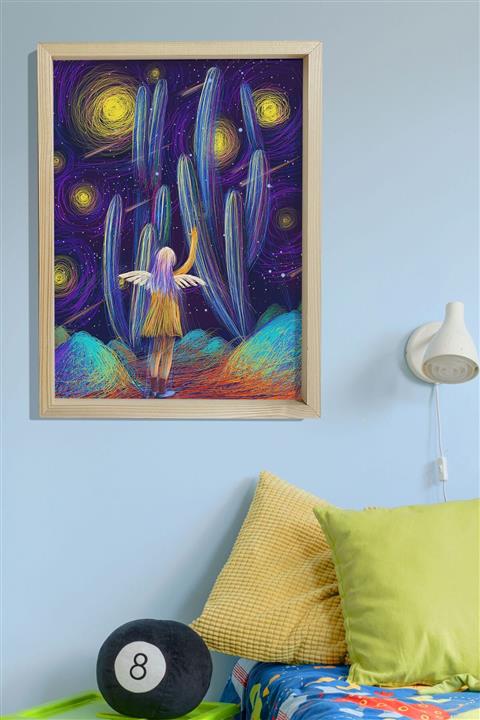 Canvartie Doğal Ahşap Çerçeveli Bebek Ve Çocuk Odası Duvar Tablosu Melek Rüyası