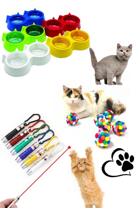 RETROAVM Kedi Şekilli Mama Kabı Ikili , Xxl Ponpon Topu Ve Kedi Oyun Lazeri