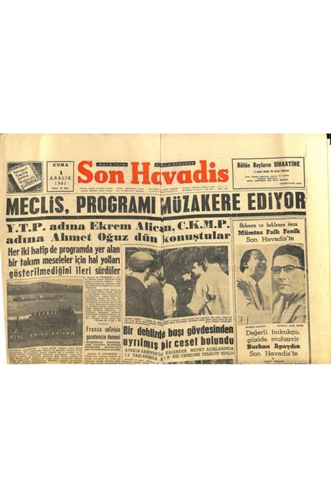 Gökçe Koleksiyon Son Havadis Gazetesi 1 Aralık 1961 - Necdet Uğur Emniyet Müdürü Oldu