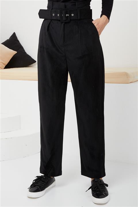 İmajButik Kemerli Fitilli Kadife Pantolon/siyah