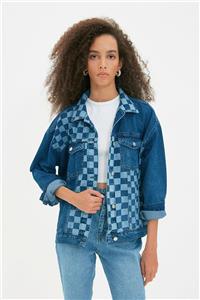 TRENDYOLMİLLA Mavi Damalı Baskılı Oversize Denim Ceket TWOAW22CE0499