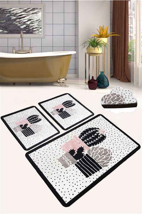 Chilai Home Three Cactus Djt 3 Lü Set Banyo Halısı Paspas Kaymaz Taban Yıkanabilir Klozet Takımı