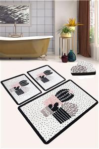 Chilai Home Three Cactus Djt 3 Lü Set Banyo Halısı Paspas Kaymaz Taban Yıkanabilir Klozet Takımı