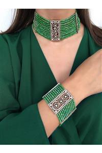 by katrem Yeşil Crhystal Hasır Dizilim Elmas Montür Choker Set