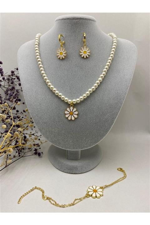 LUX BİJUTERİ Beyaz Boncuklu Papatya Figürlü Gold Kolye, Papatyalı Halka Gold Küpe Ve Papatyalı Bileklik Seti