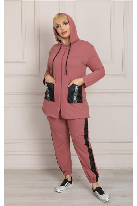 ModaSehle Kadın Pembe Büyük Beden Kapşonlu Takım