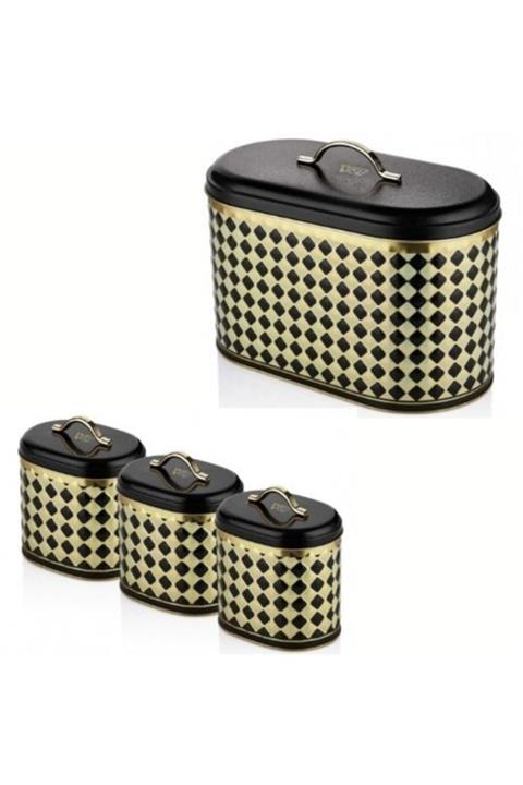 MRY HOME Damalı Metal Oval Ekmeklik ve Saklama Kutusu  3 Adet 4’lü Set