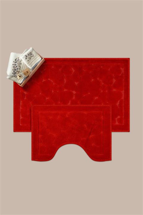 Bluenity Kalp Doğal Pamuk 2'li Banyo Matı 45x75 - 45x37 Cm - Kırmızı