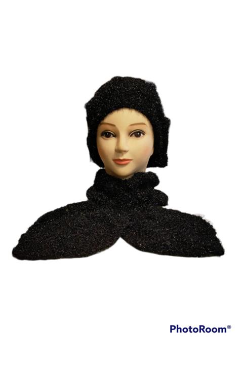 Lusinga Otantik Fantazi Siyah İpi Kendinden Pullu Siyah Ressam Beresi ve Atkısı Takım