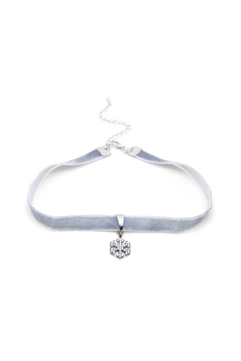 takıperest Zirkon Kar Tanesi Uçlu Gri Kadife Tasma Choker Kolye