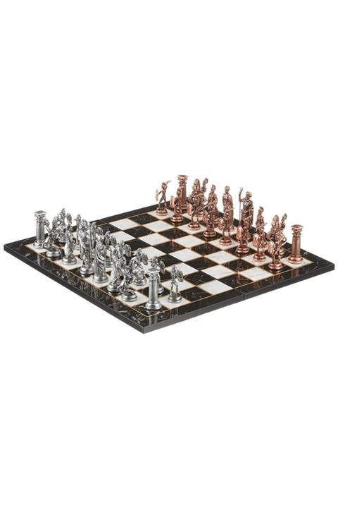 Gift Home Büyük Boy Metal Roma Satranç Takımı Antik Ve Katlanır Mermer Desenli Tahta