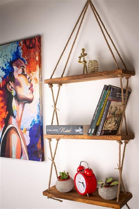 PlusAksesuar Ahşap Dekoratif Tasarım 3 Katlı Halatlı Raf Aksesuar Rafı Duvar Dekoru