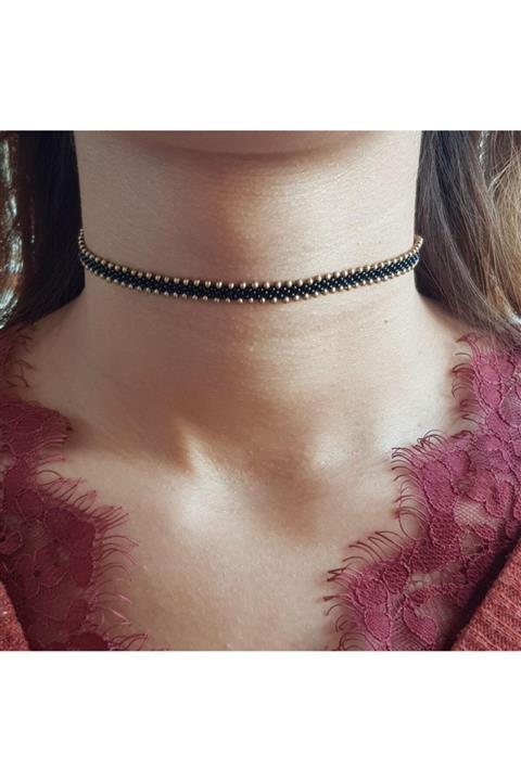Handmade By HLY El Yapımı Siyah Gold Detaylı Choker Kolye
