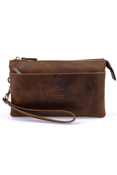 KANGAROO KINGDOM Hakiki Deri Crazy Horse Koyu Camel Erkek El Portföy Clutch Çantası 5488-zkc
