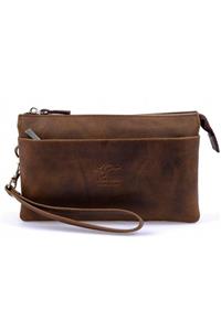 KANGAROO KINGDOM Hakiki Deri Crazy Horse Koyu Camel Erkek El Portföy Clutch Çantası 5488-zkc