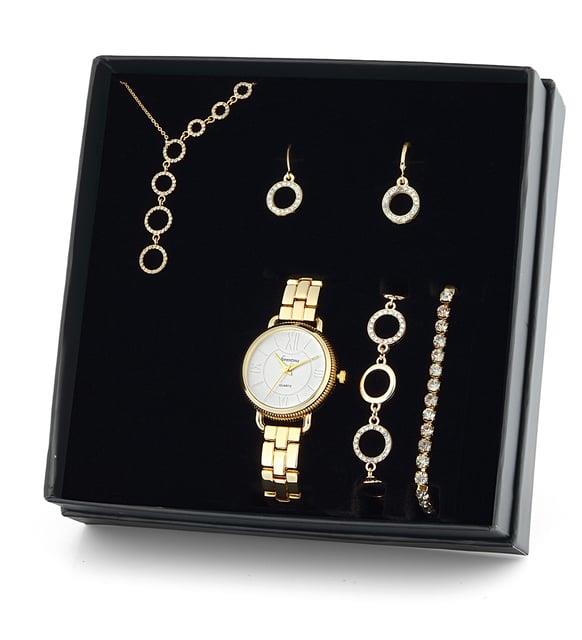 Forentina Altın Kaplama Yuvarlak Kolye Küpe Bileklik Saat Hediye Set Ps1417