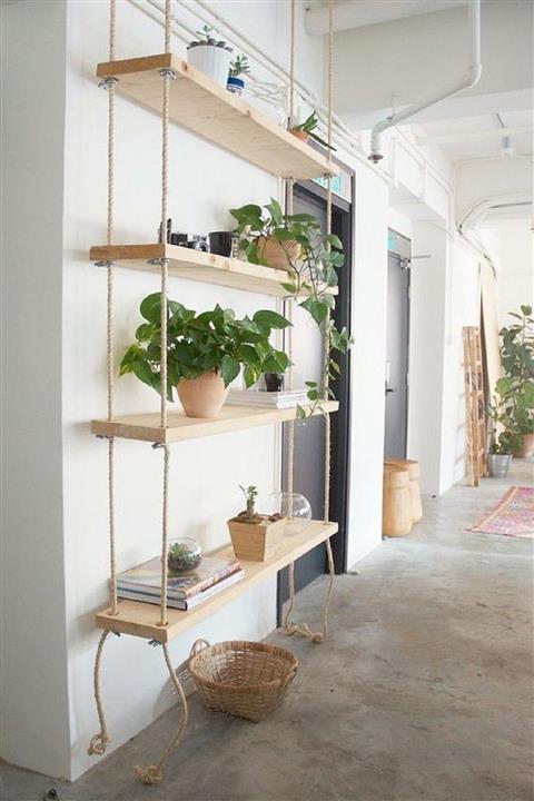 Karaköse Ahşap Ahşap Dekoratif 4 Lü Halatlı Halat Klemensli Raf Ahşap Duvar Rafı