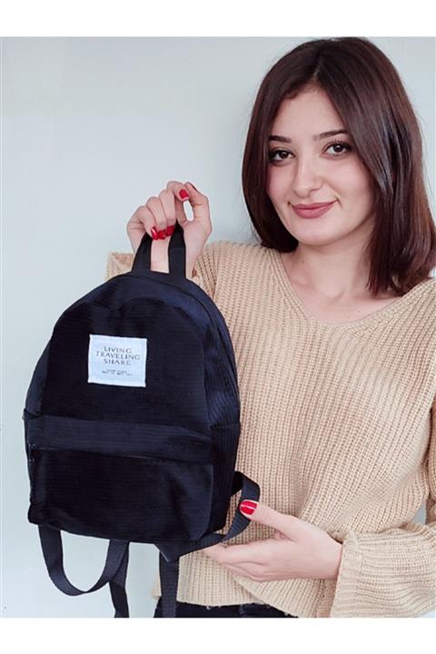 AYŞEHARMAN Siyah Kadın Kadife Sırt Çantası