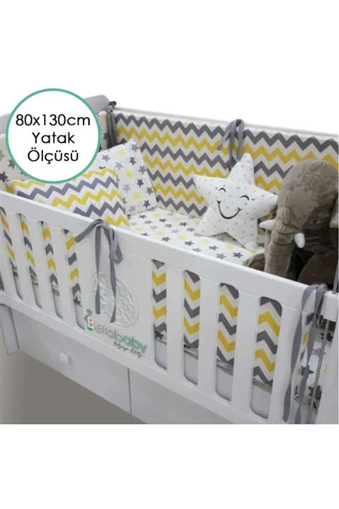 berababy Montessori 80x130cm Beşik Kenar Koruma Ve Nevresim Takımı Sarı Gri Zigzag Tasarım