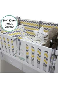 berababy Montessori 80x130cm Beşik Kenar Koruma Ve Nevresim Takımı Sarı Gri Zigzag Tasarım