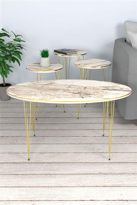 Pratico Zigon Sehpa Orta Sehpa Takımı Elips Gold Tel Ayak Beyaz Mermer