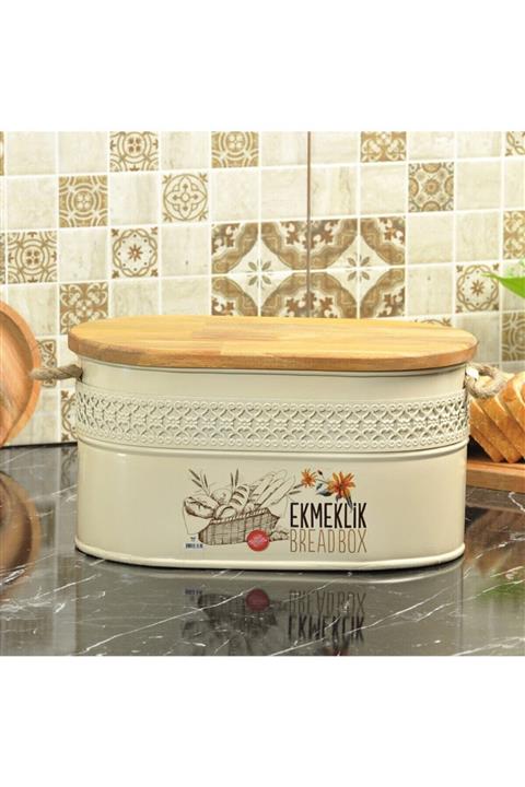 Yıldıray Metal Ferforje Ahşap Kapaklı Kesme Tahtalı Ekmeklik Krem