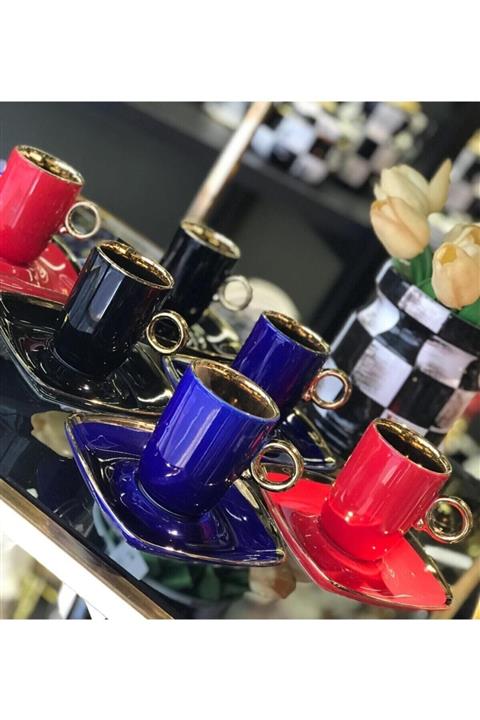 Acar Plus Renkli Içi Gold Türk Kahvesi Fincan Seti