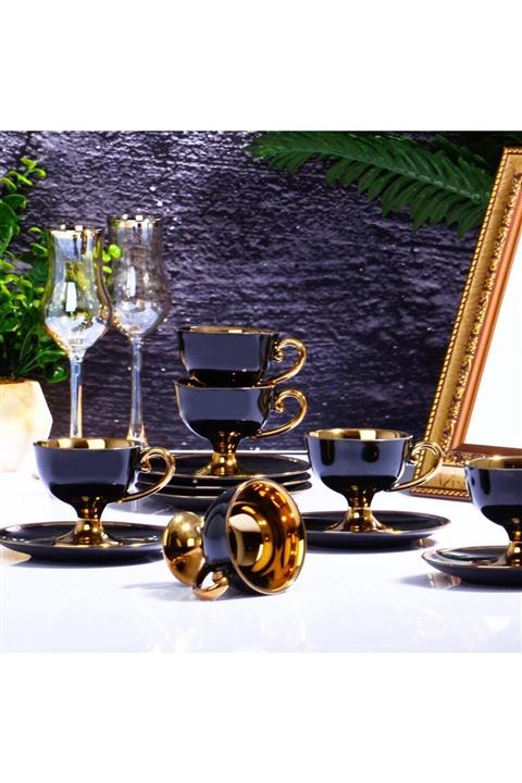 Kosova Porselen Ayaklı Kahve Fincan Takımı - Siyah