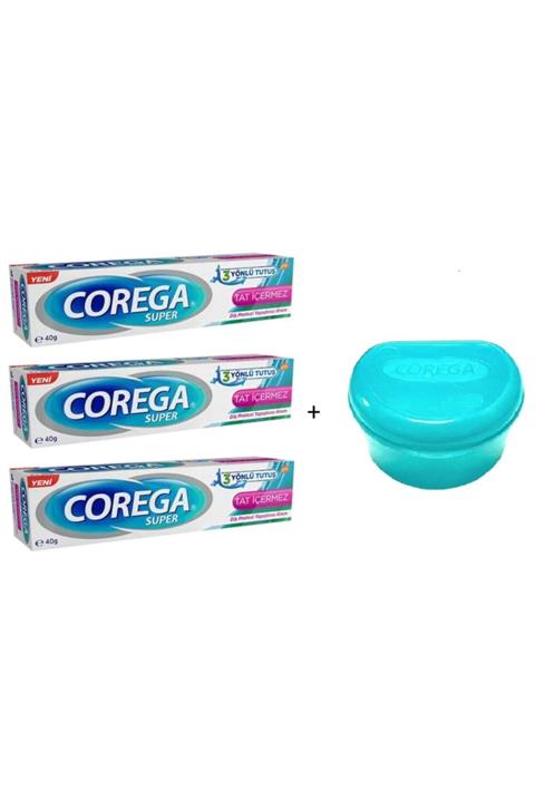 Corega Süper Diş Protez Yapıştırıcı Krem Tat Içermez 40 Gr 3 Adet + Protez Saklama Kabı