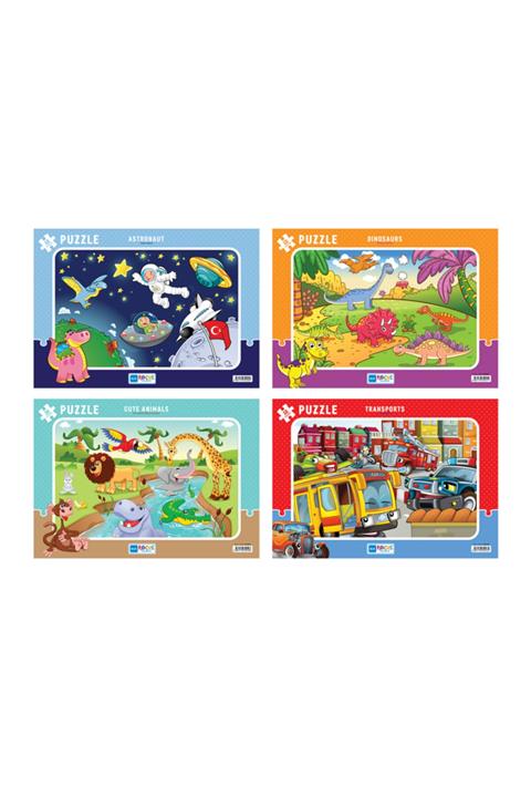 Blue Focus 30 Parça Frame Puzzle - 4'lü Set Erkek Çocuk Astronot, Dinozorlar, Sevimli Hayvanlar, Taşıtlar