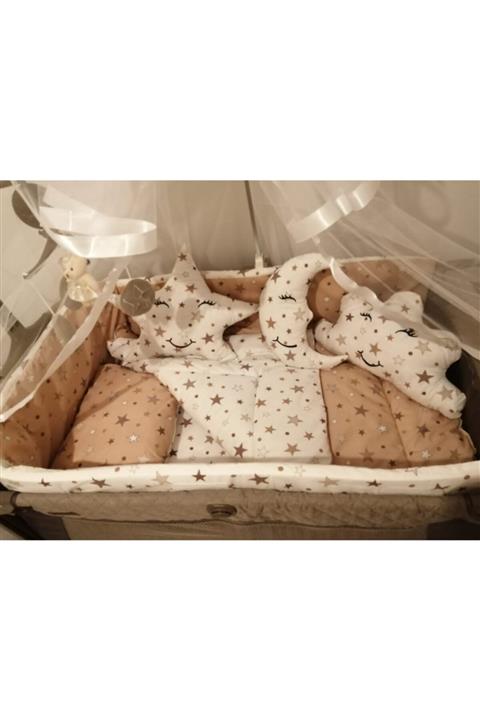 Bebek Özel Pamuklu 60x120 Park Beşik Uyku Seti Kahverengi Yıldızlı Bez Beşik Için
