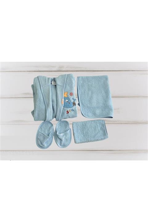 Bedestan Bebe 4lü Bornoz Set Mavi Terlikli