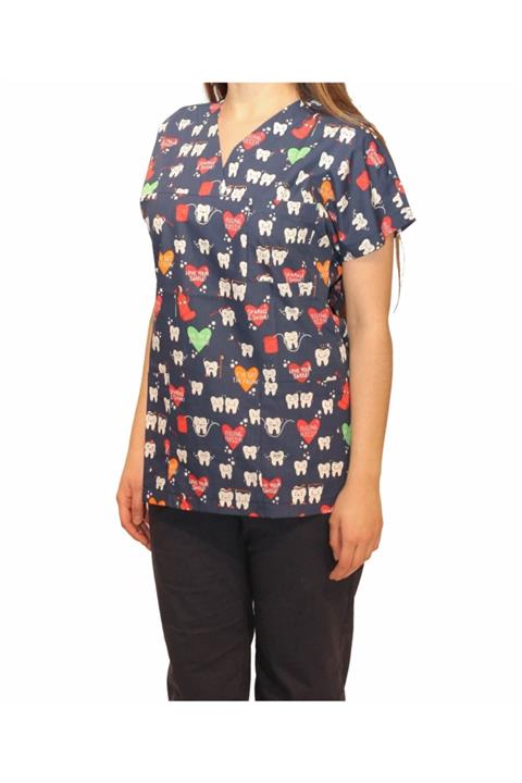 DENİZ İŞ Lacivert Diş Desenli Doktor Hemşire Tek Üst Forma