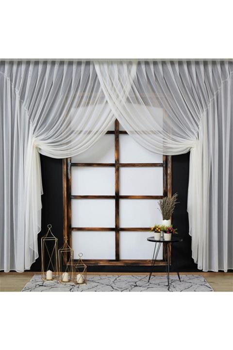 ESDEH Kruvaze Tül Perde Düz Model  Ekru  Yumuşak Dokulu Mekanizmalı