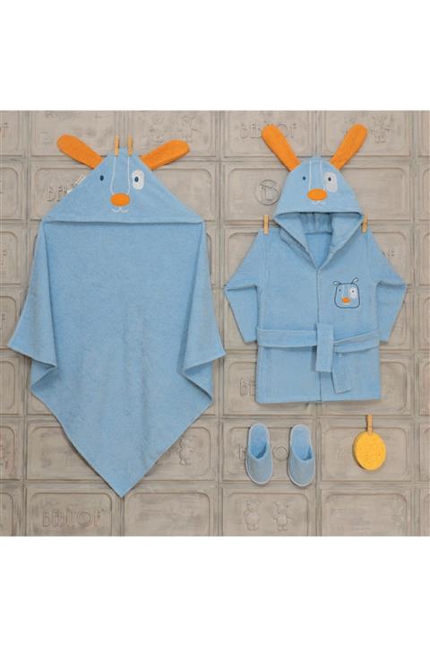 Bebitof Erkek Bebek 0-3 Yaş Kulaklı Bornoz Takımı %100 Pamuk