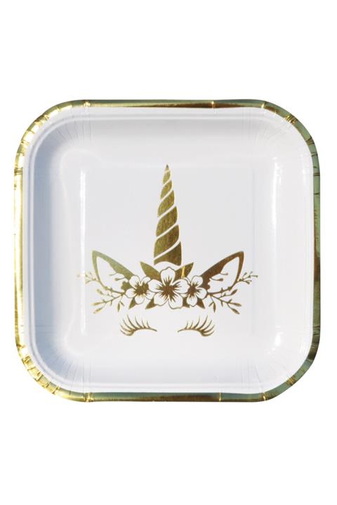 parti sürprizi Unıcorn Gold Baskılı Kare Tabak 6 Adet