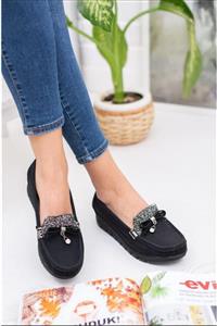 kısmetshoes Kadın Siyah Ortopedik Taşlı Günlük Ayakkabı