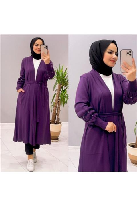 Nerissa Wear Balon Kol Inci Detaylı Uzun Triko Hırka