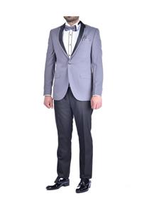 BAGGI Slim Fit Desenli Papyon Kuşaklı Smokin Gri Gri Siyah-60