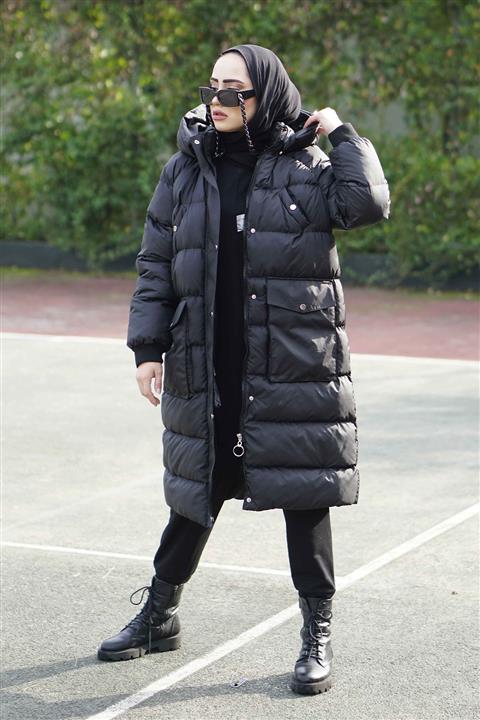 Minel Kadın Siyah Şişme Kapüşonlu Mont