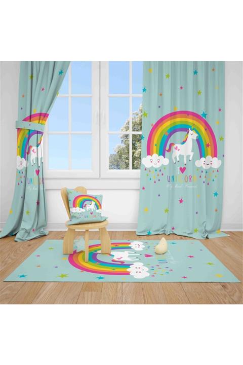 HalıVagonu Hv336m Unicorn Su Yeşili Çocuk Odası Tek Kanat Fon Perde