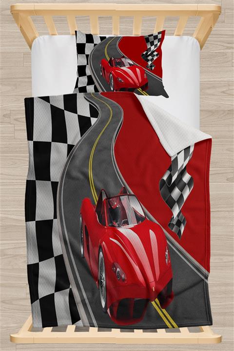 Osso Halı Else Kırmızı Yarış Arabalı Desenli Yatak Örtüsü Tek Kişilik Çocuk Pike Takımı