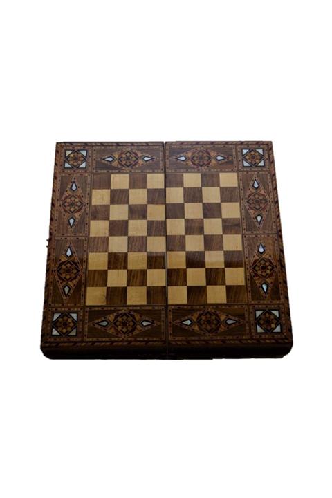 Gift Home El Yapımı Masif Ahşap Sedefli Açık Ceviz Kenar Süs Retro 2 Ufak Tavla 33x16,5 cm