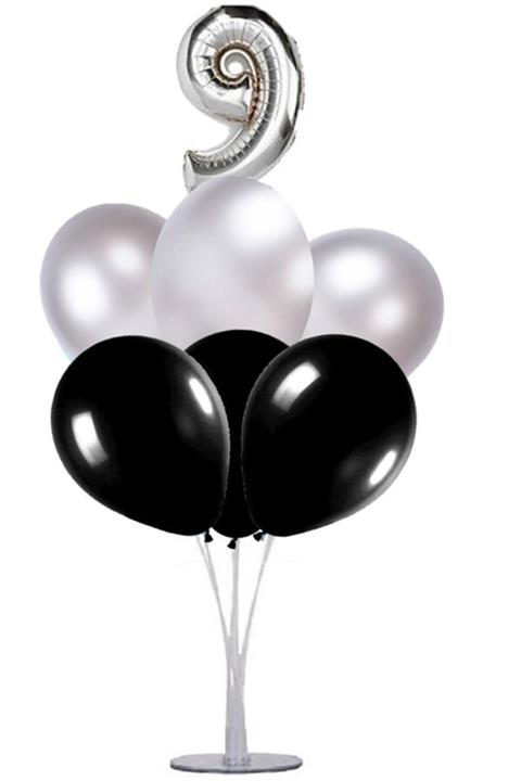Partifabrik Balon Standı 9 Yaş Gümüş Siyah Balon Demeti
