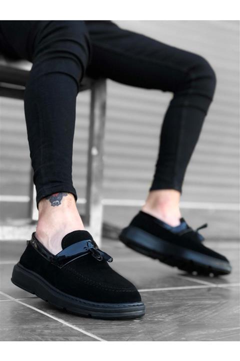 BOA Ba0005 Bağcıksız Yüksek Taban Klasik Siyah Süet Parlak Kuşaklı Püsküllü Erkek Ayakkabı