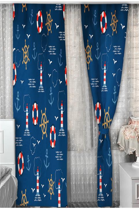 Bebişim Halı Çift Kanat Fon Perde Denizci Desenli Takım Perde